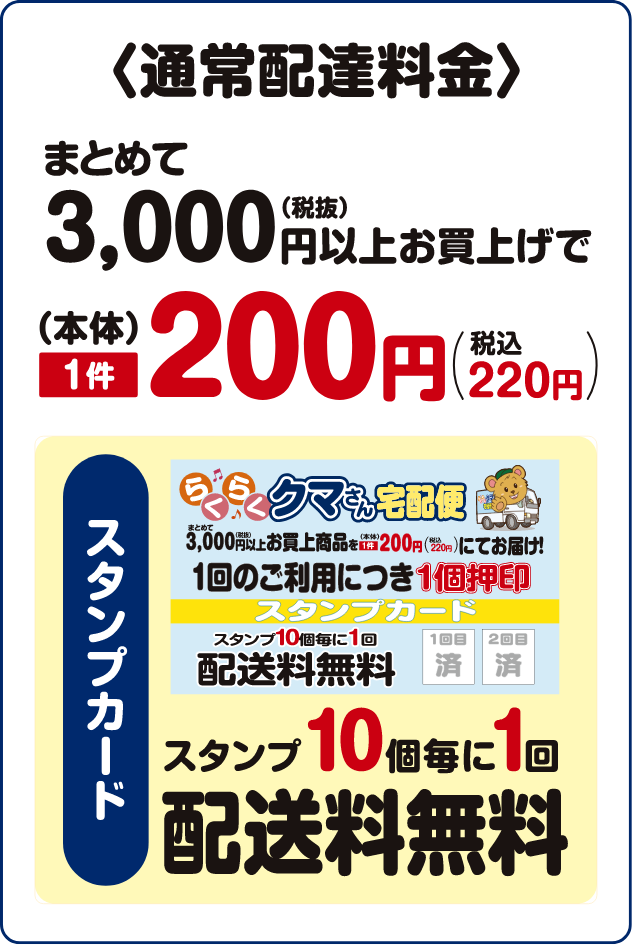 通常配達料金 まとめて3,000円（税抜）以上お買上げで本体1件220円（税込）